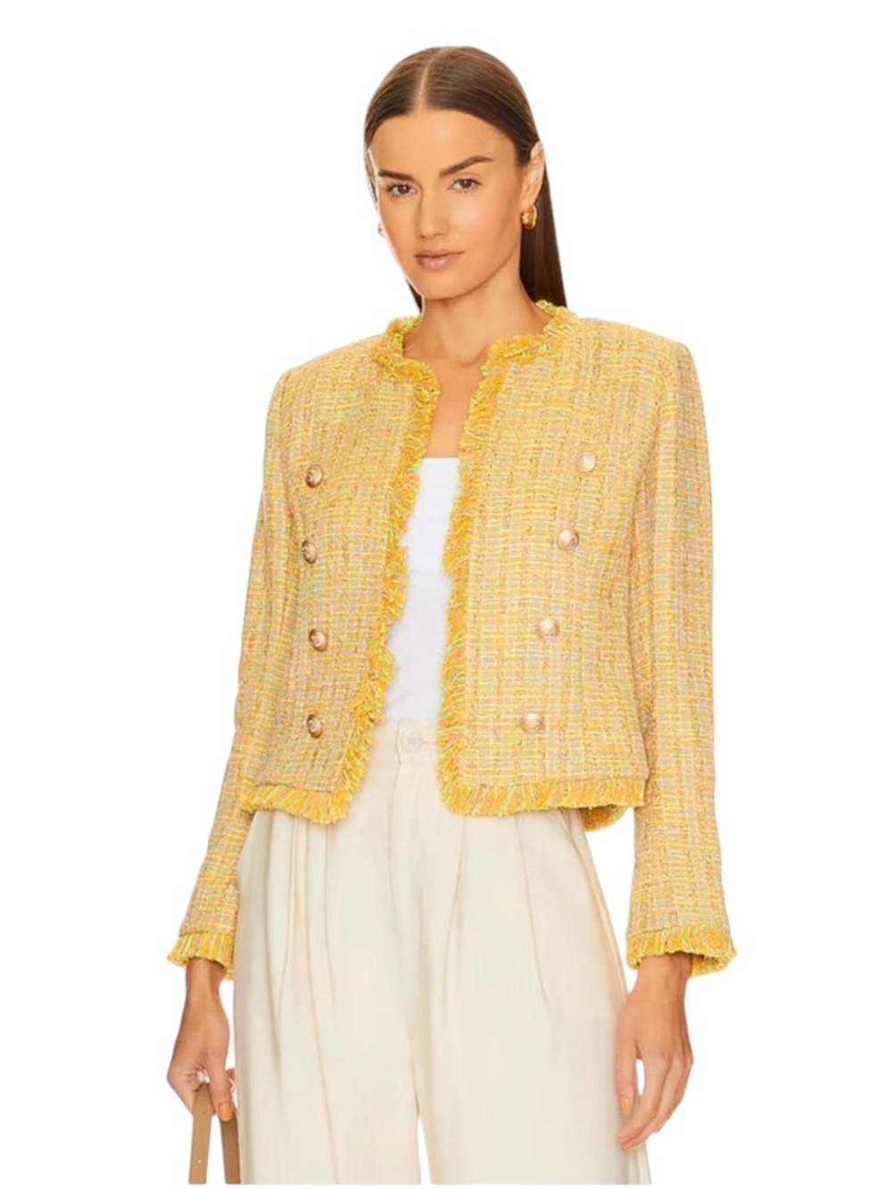 L’AGENCE Tinlee Cotton Blend Tweed Blazer Yellow/Multi - Size 2